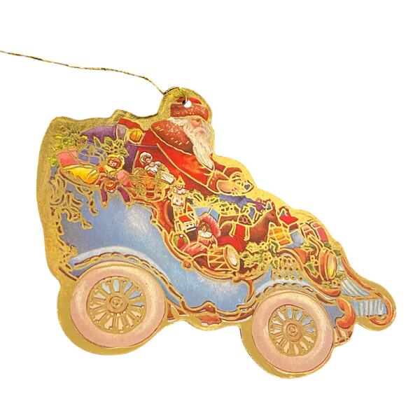 Lot of 5 Vintage 80s Christmas Cardboard Ornaments Gold Trim Accent Santa Tree - Picture 2 of 13